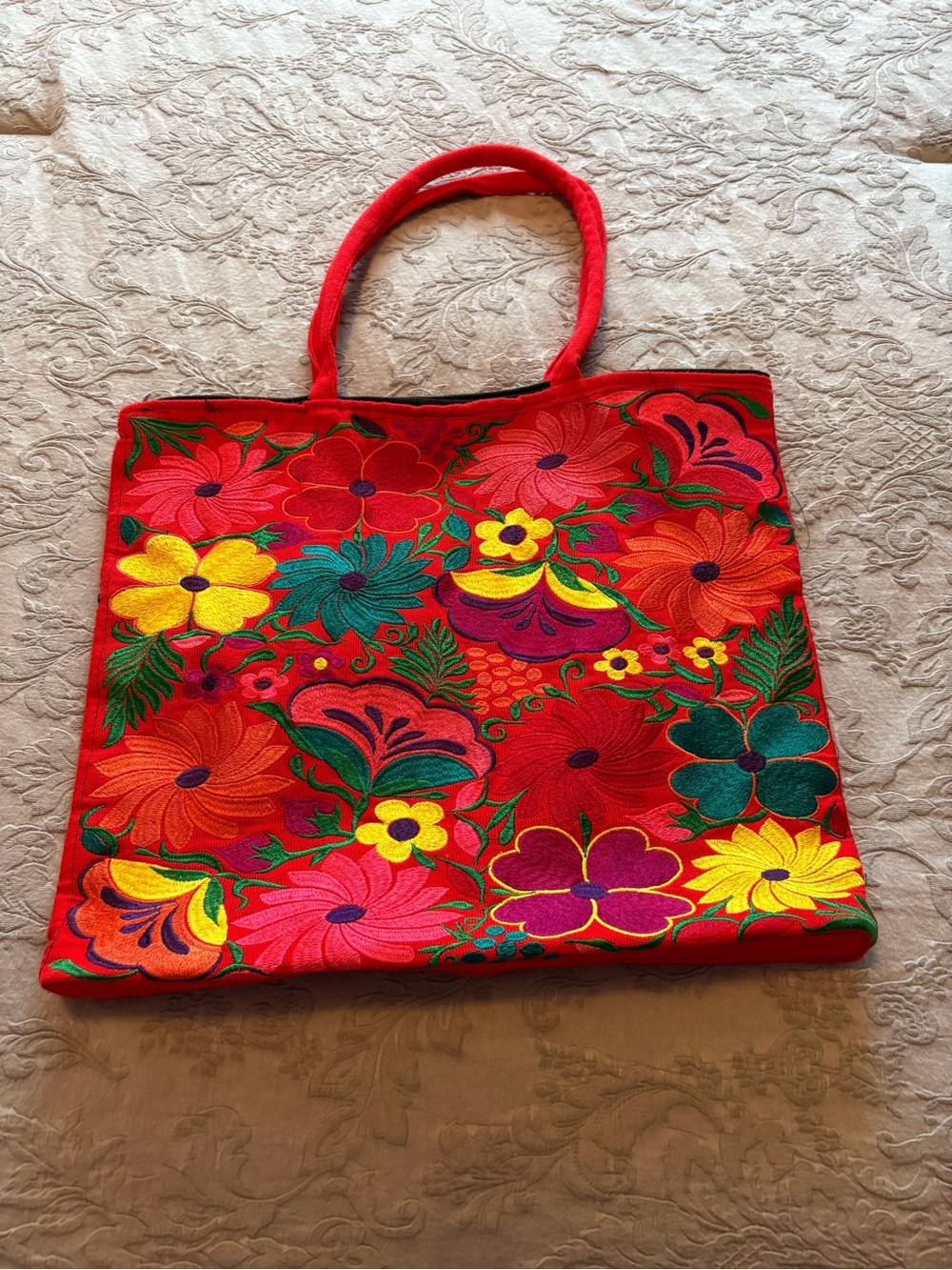 Red Floral Embroidered Tote Bag - Vibrant Women's Handbag